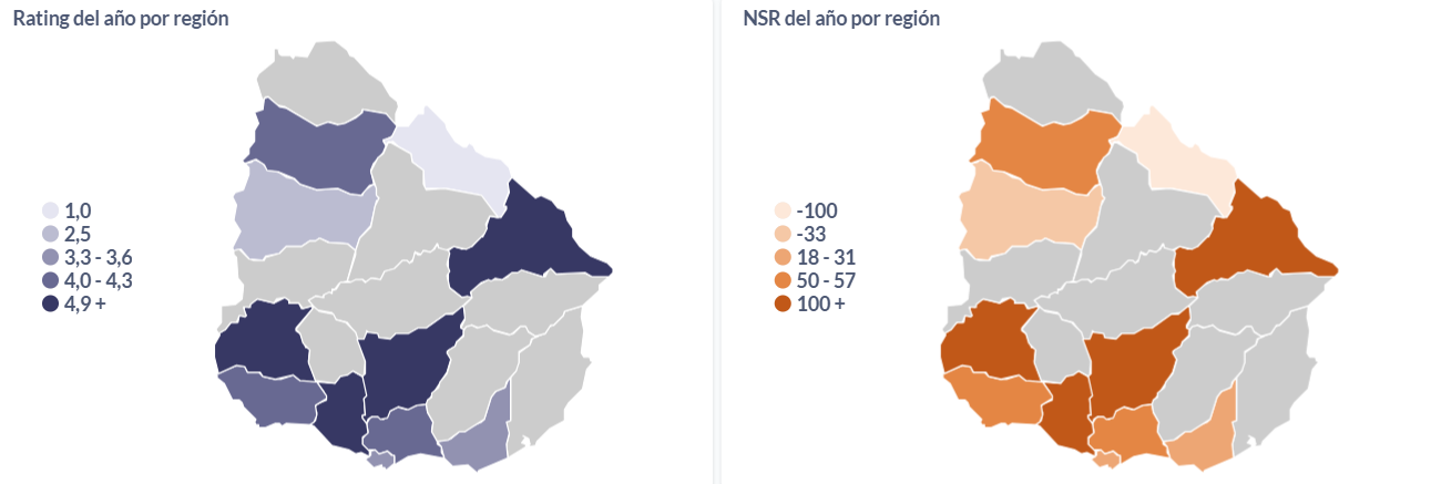 Ratings y sentimiento neto (NSR) del 2024, abierto por departamento uruguayo.