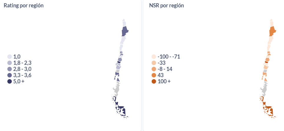 Ratings y sentimiento neto (NSR) del 2024, abierto por región chilena.